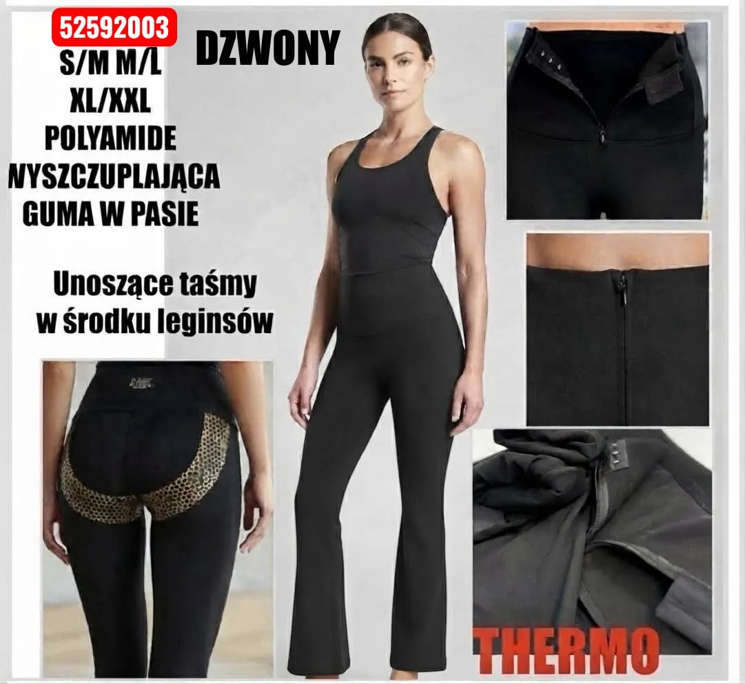 Czarne leginsy damskie termo z gumą w pasie i taśmami unoszącymi pośladki, model na kobiecie