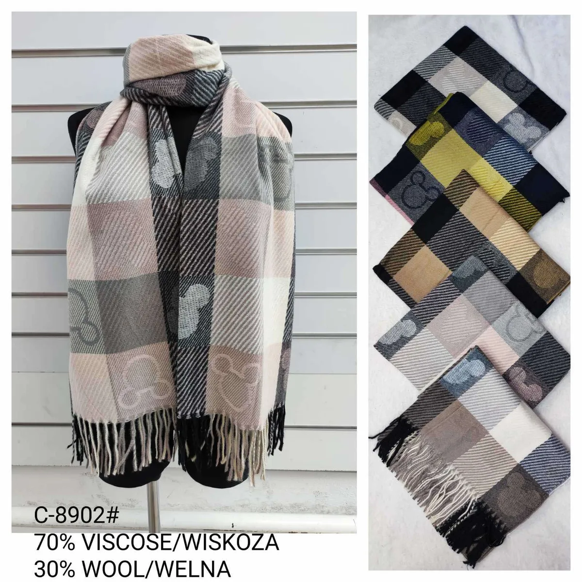 Szalik w dużą kratę z frędzlami w różnych kolorach, materiał mieszanka wiskozy i wełny
