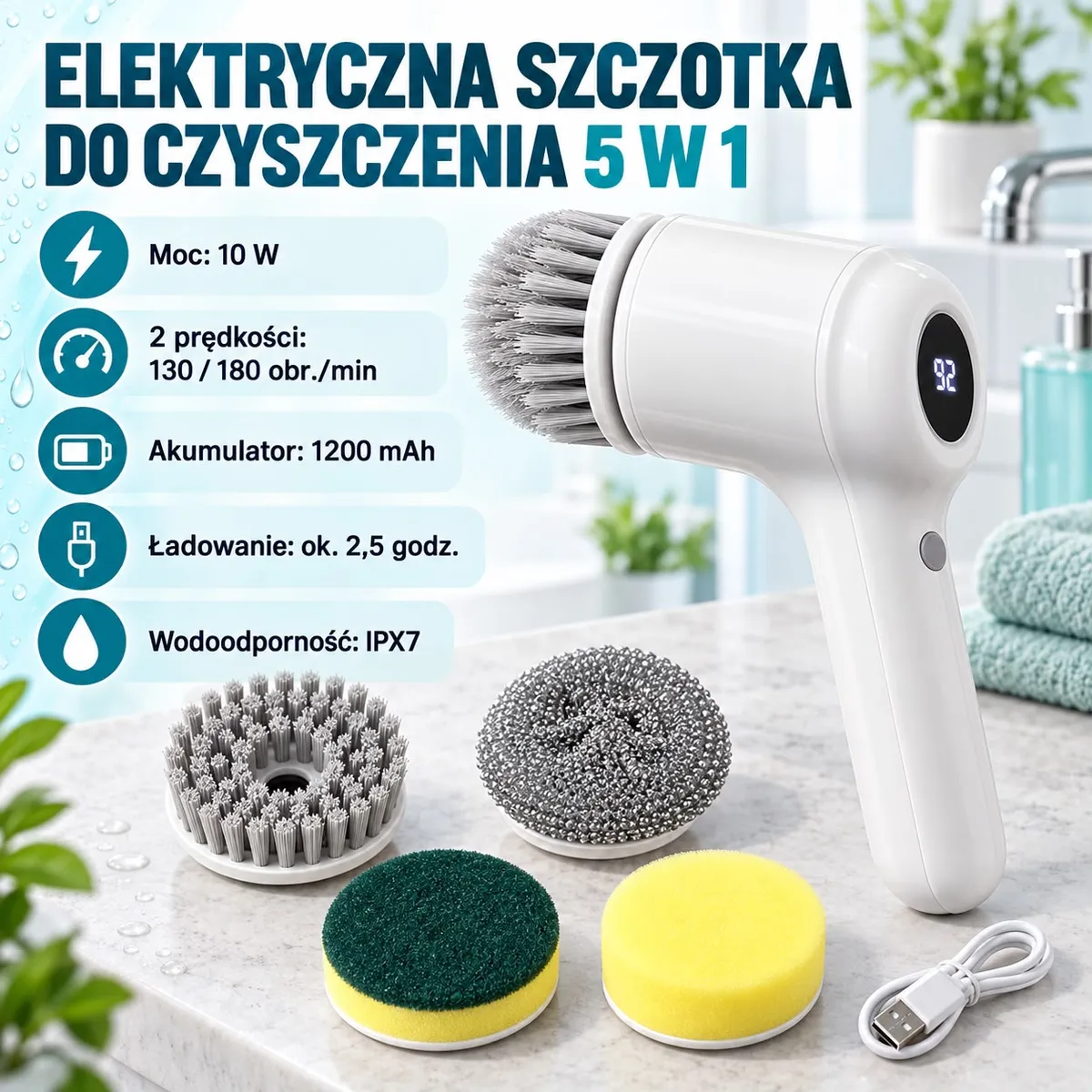 biała elektryczna szczotka do czyszczenia 5w1 z czterema wymiennymi końcówkami i kablem USB