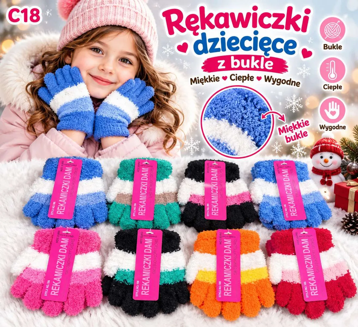 Rękawiczki dziecięce z miękkiego bukle w różnych kolorach ułożone na białym tle