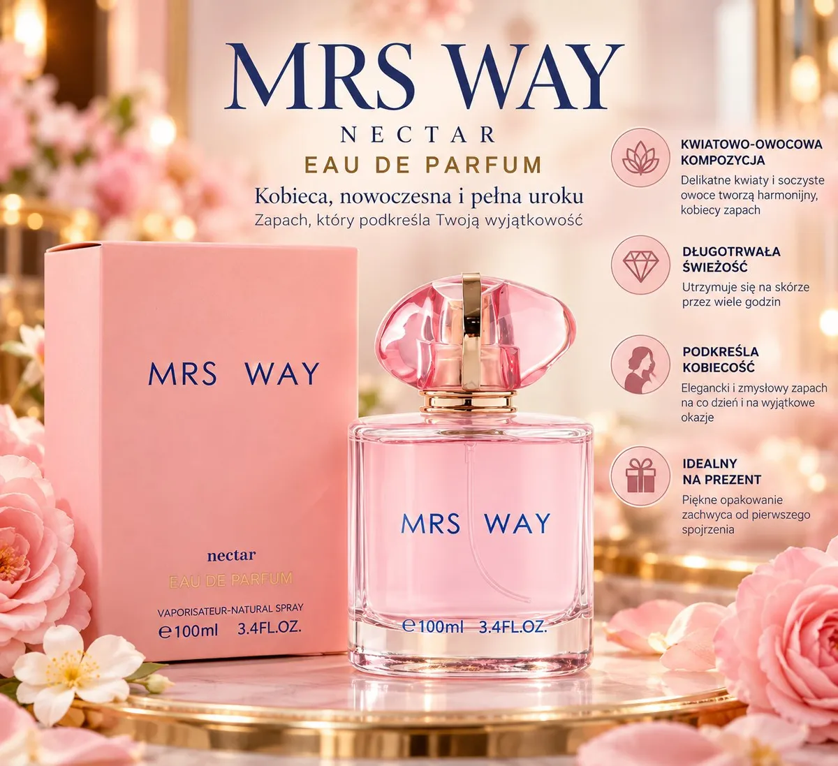 Różowy flakon perfum Mrs Way Nectar 100ml z różowym opakowaniem i kwiatowym tłem