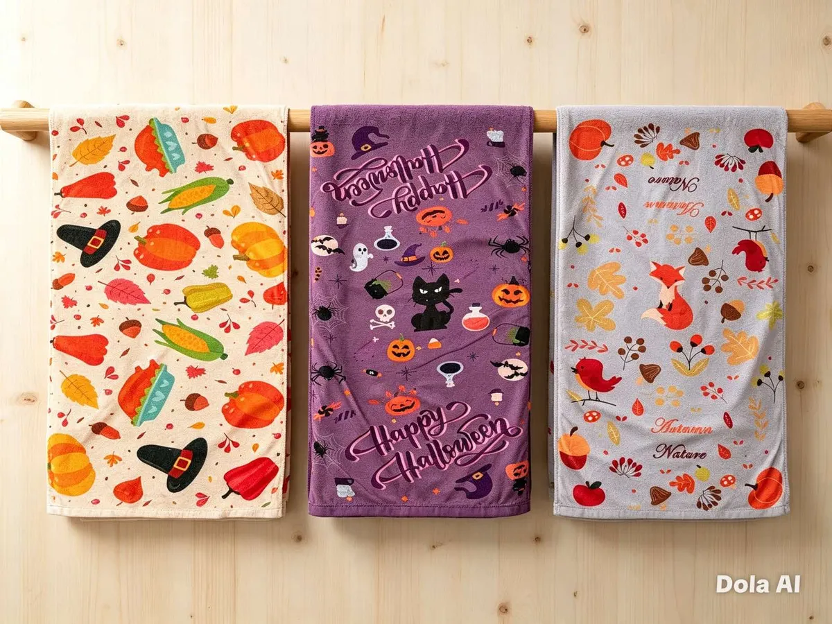 Trzy ścierki kuchenne z mikrofibry z jesiennymi wzorami: dynie, halloween, lis na tle kremowym, fioletowym i szarym