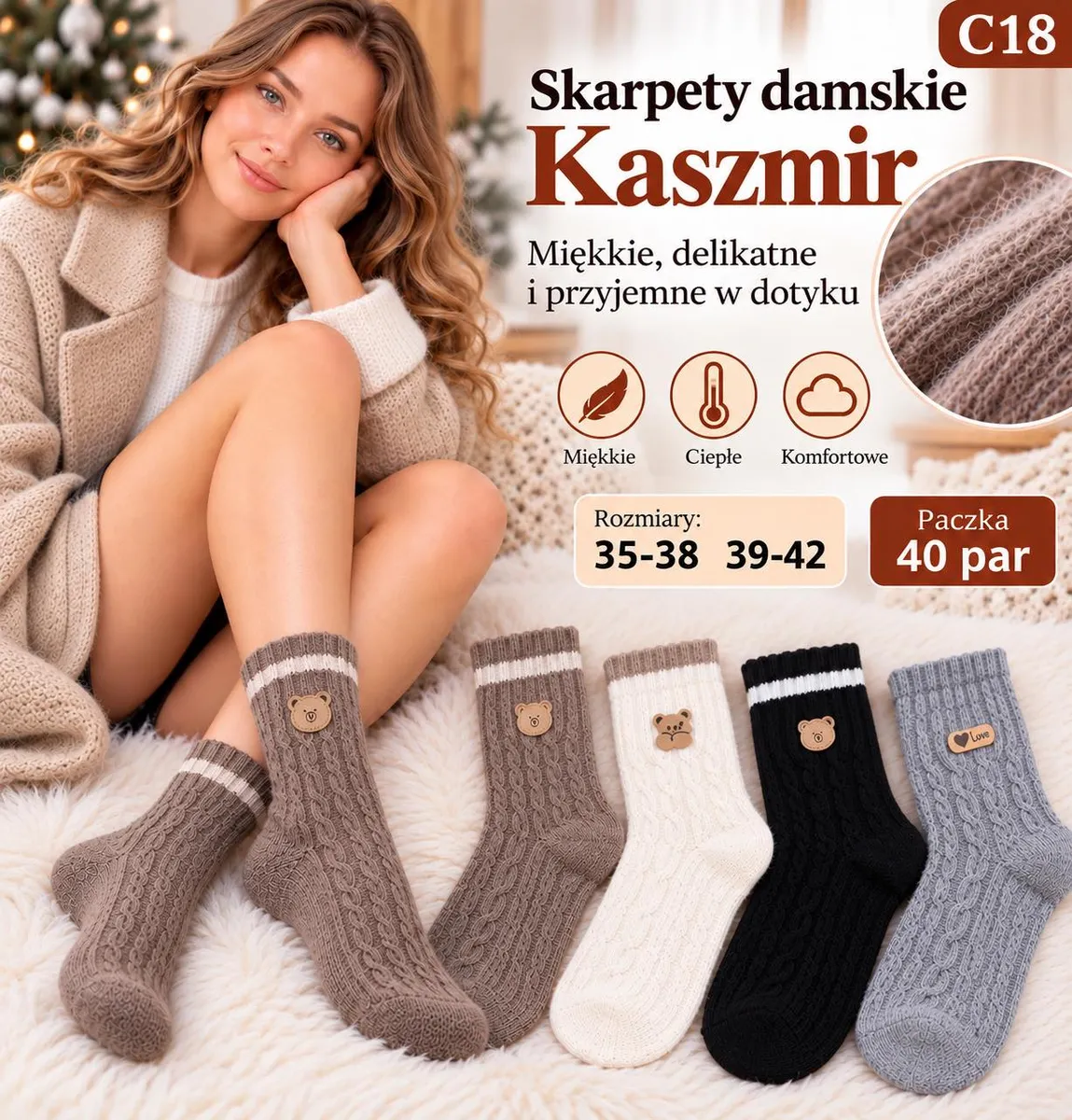 Skarpety damskie kaszmirowe w kolorach brązowym, białym, czarnym i szarym z ozdobą misia i napisem love