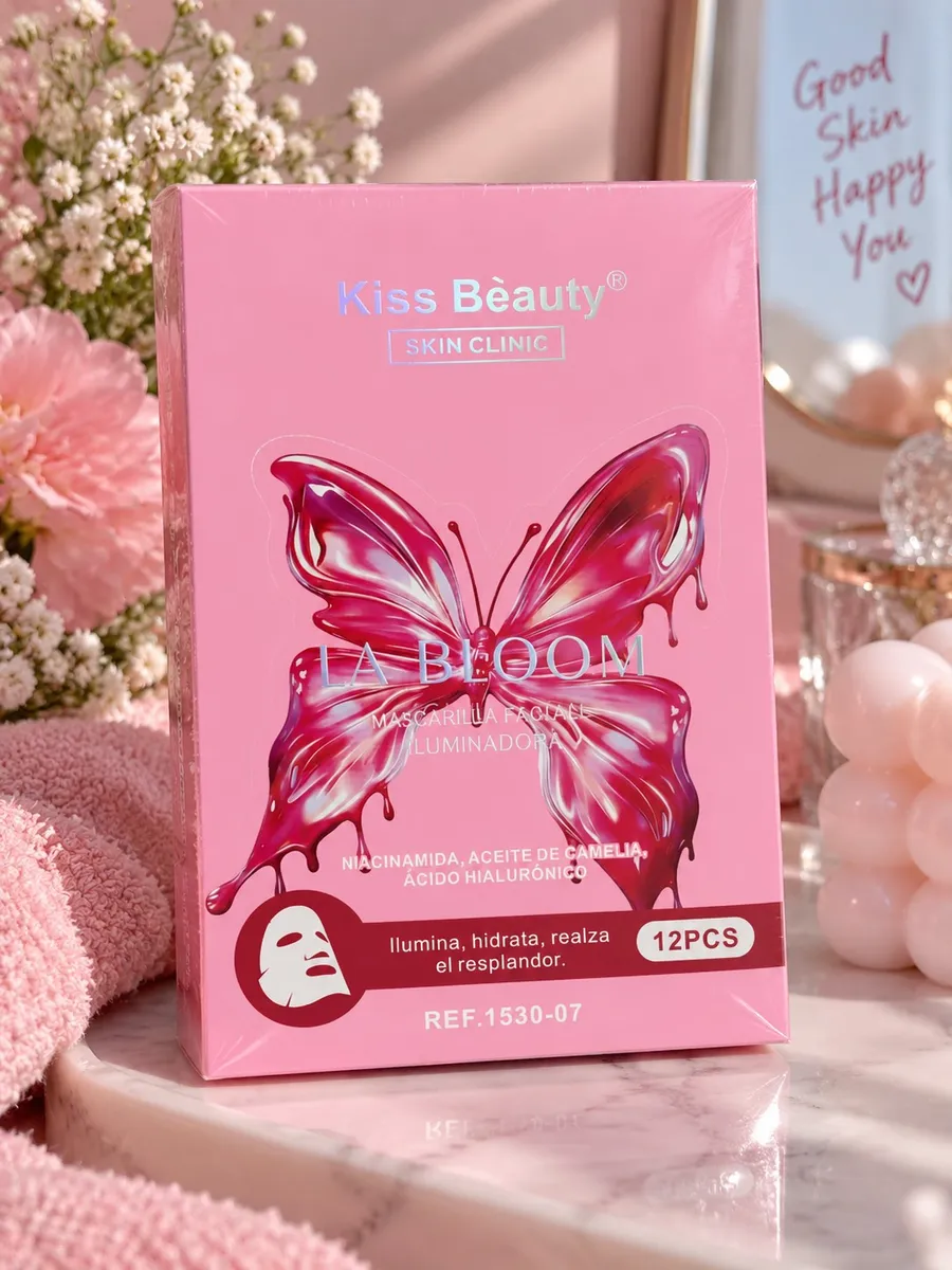 Różowe opakowanie maseczek do twarzy Kiss Beauty LA BLOOM z motylem i 12 sztukami w zestawie