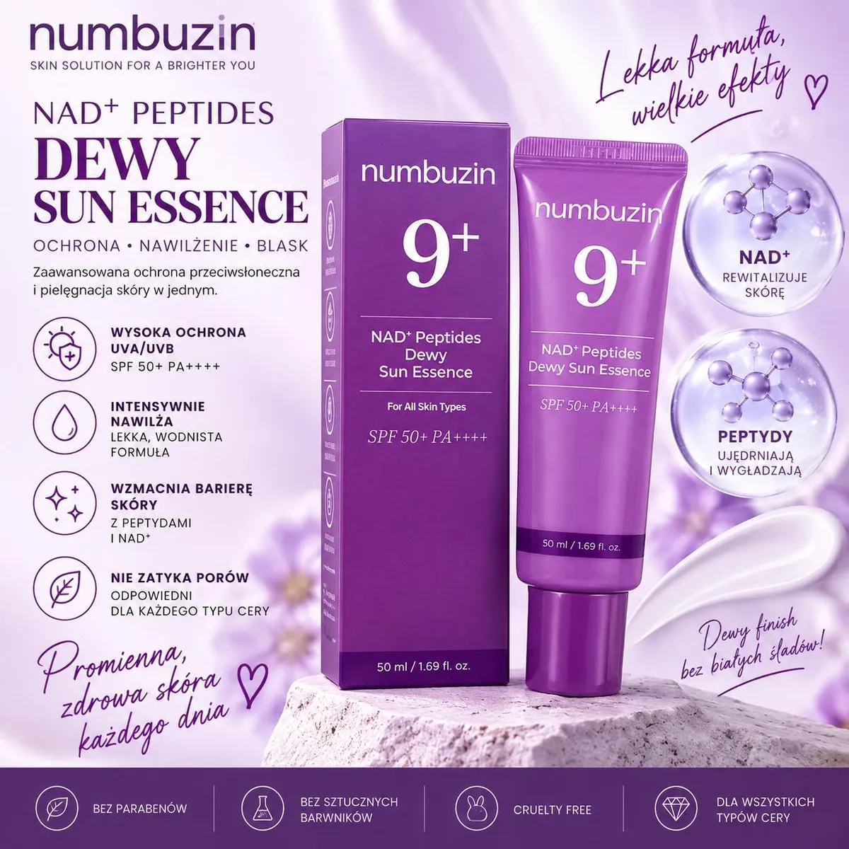 Fioletowa tubka i pudełko esencji przeciwsłonecznej numbuzin No.9 z opisem ochrony SPF 50+ i składnikami