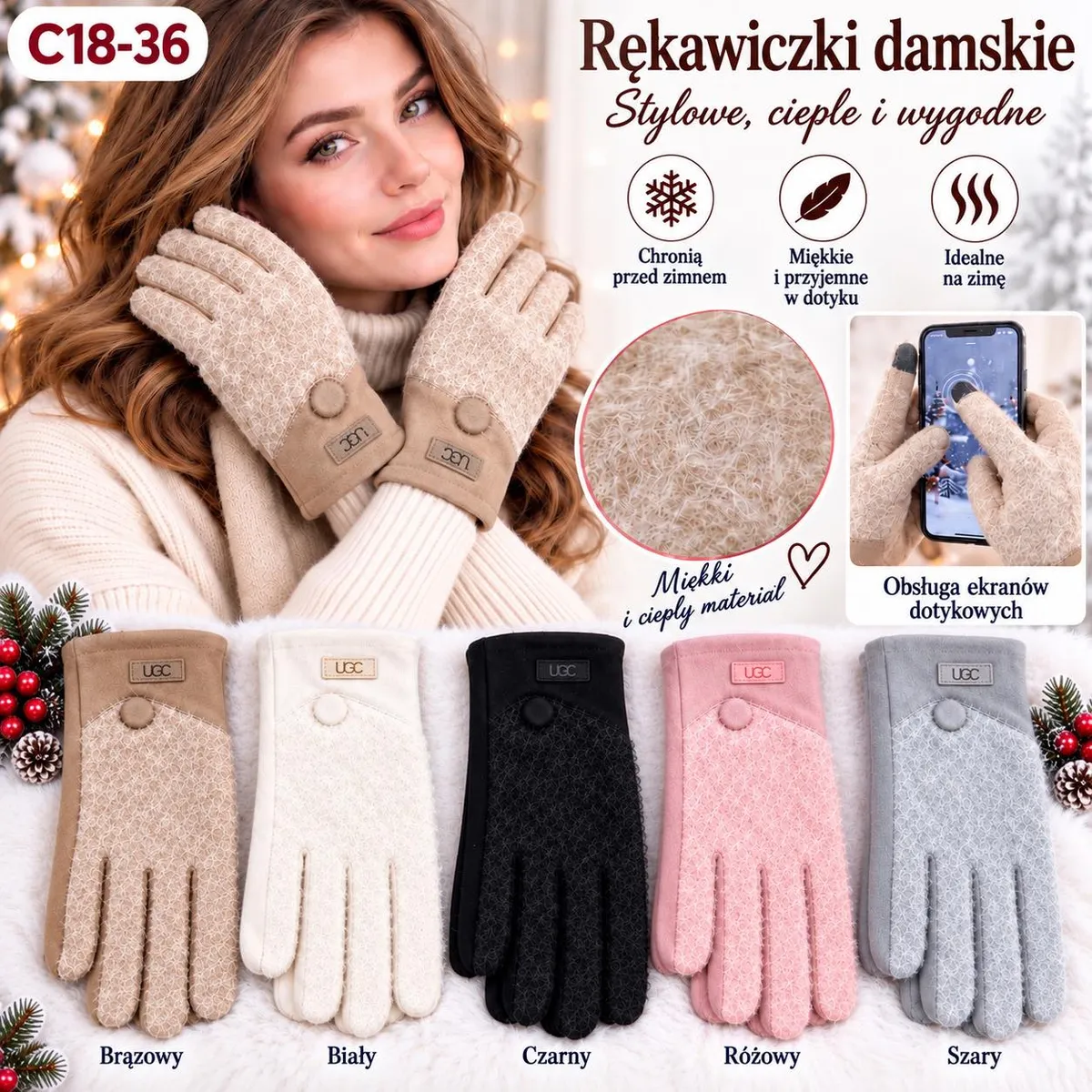 Rękawiczki damskie w pięciu kolorach: brązowy, biały, czarny, różowy, szary, z ozdobnym guzikiem i logo UGC