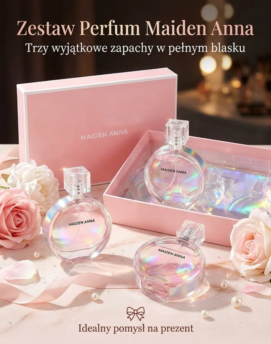 Zestaw trzech perfum Maiden Anna 3x30ml w różowym pudełku z holograficznymi flakonami