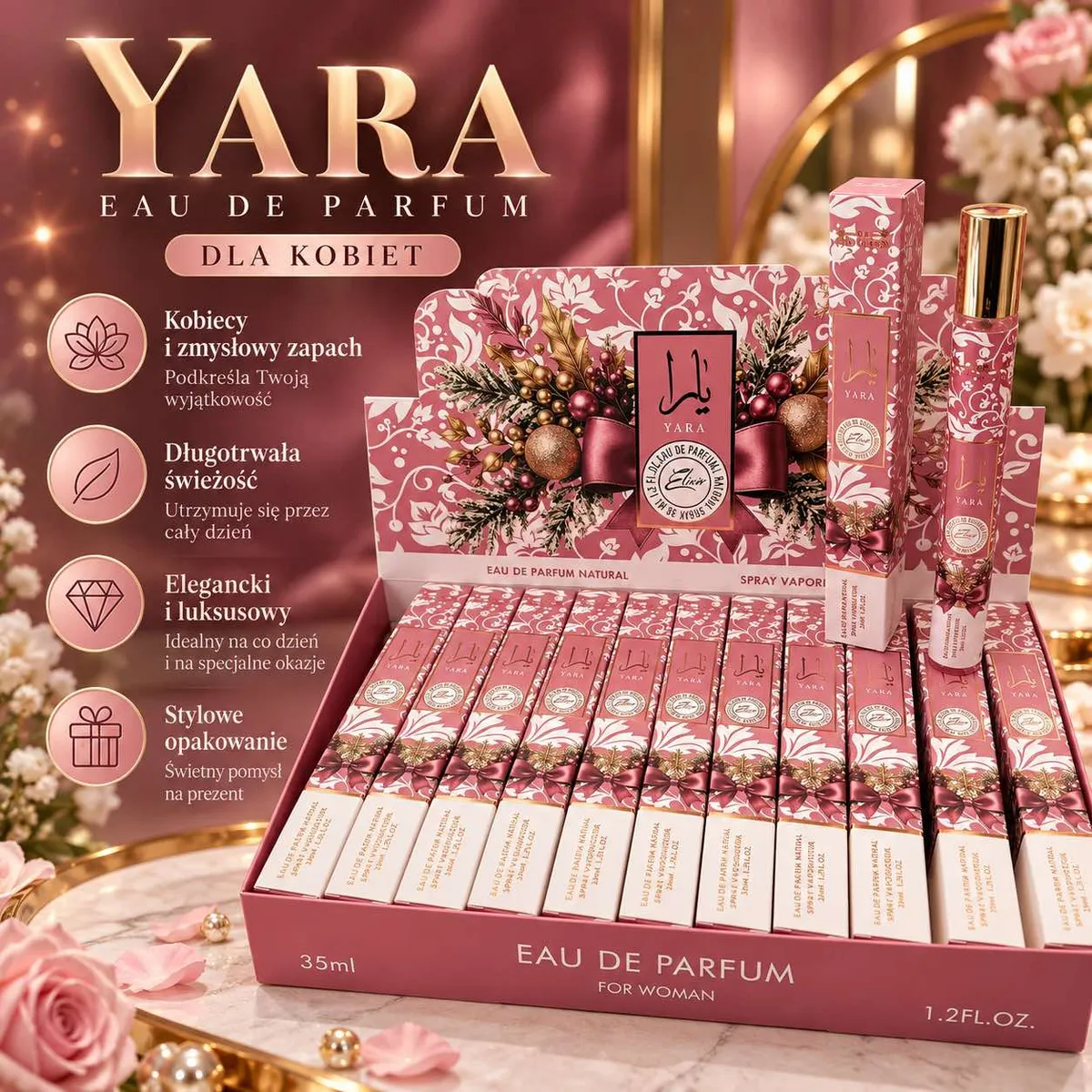 Perfumetki Yara 35ml w różowo-złotych opakowaniach z kwiatowym motywem, ekspozycja w pudełku