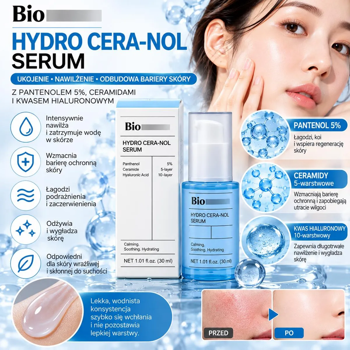 Butelka niebieskiego serum Hydro Cera-Nol 30 ml z białą pompką i opakowanie, kobieta z nawilżoną skórą