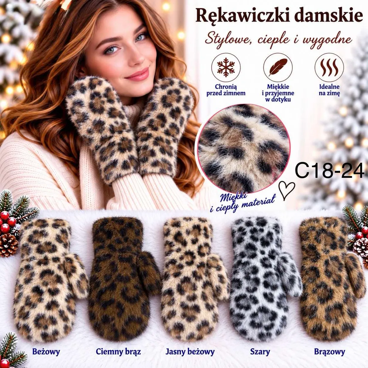 Rękawiczki damskie futrzane w panterkę w pięciu kolorach na tle zimowym