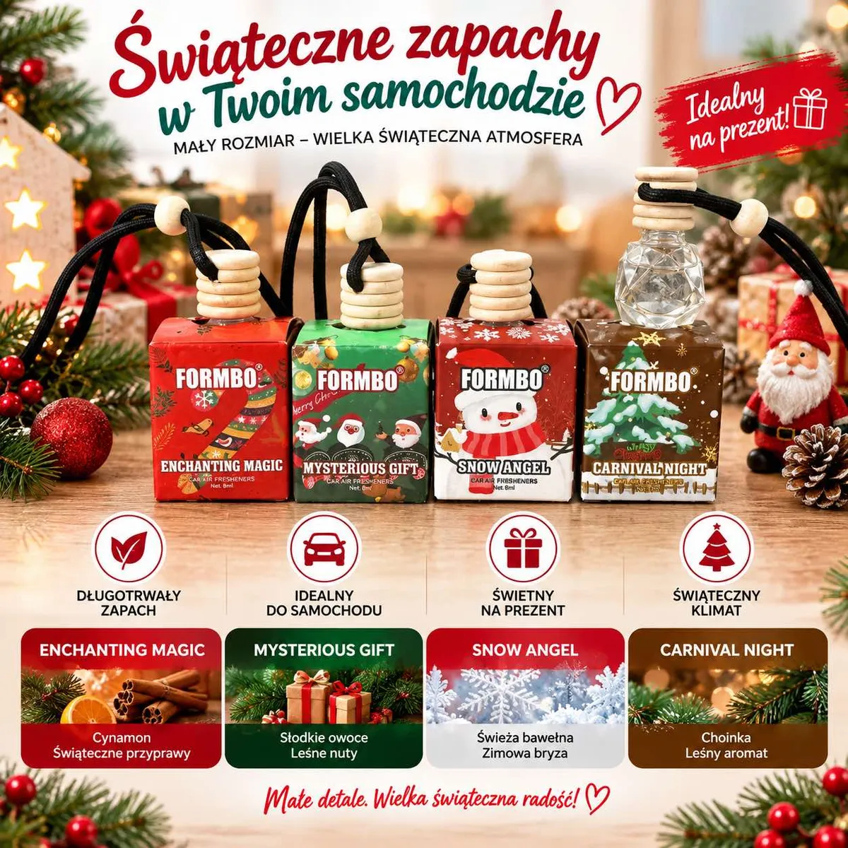 Zestaw 4 świątecznych zapachów do auta Formbo w kolorowych opakowaniach z drewnianym korkiem i sznurkiem