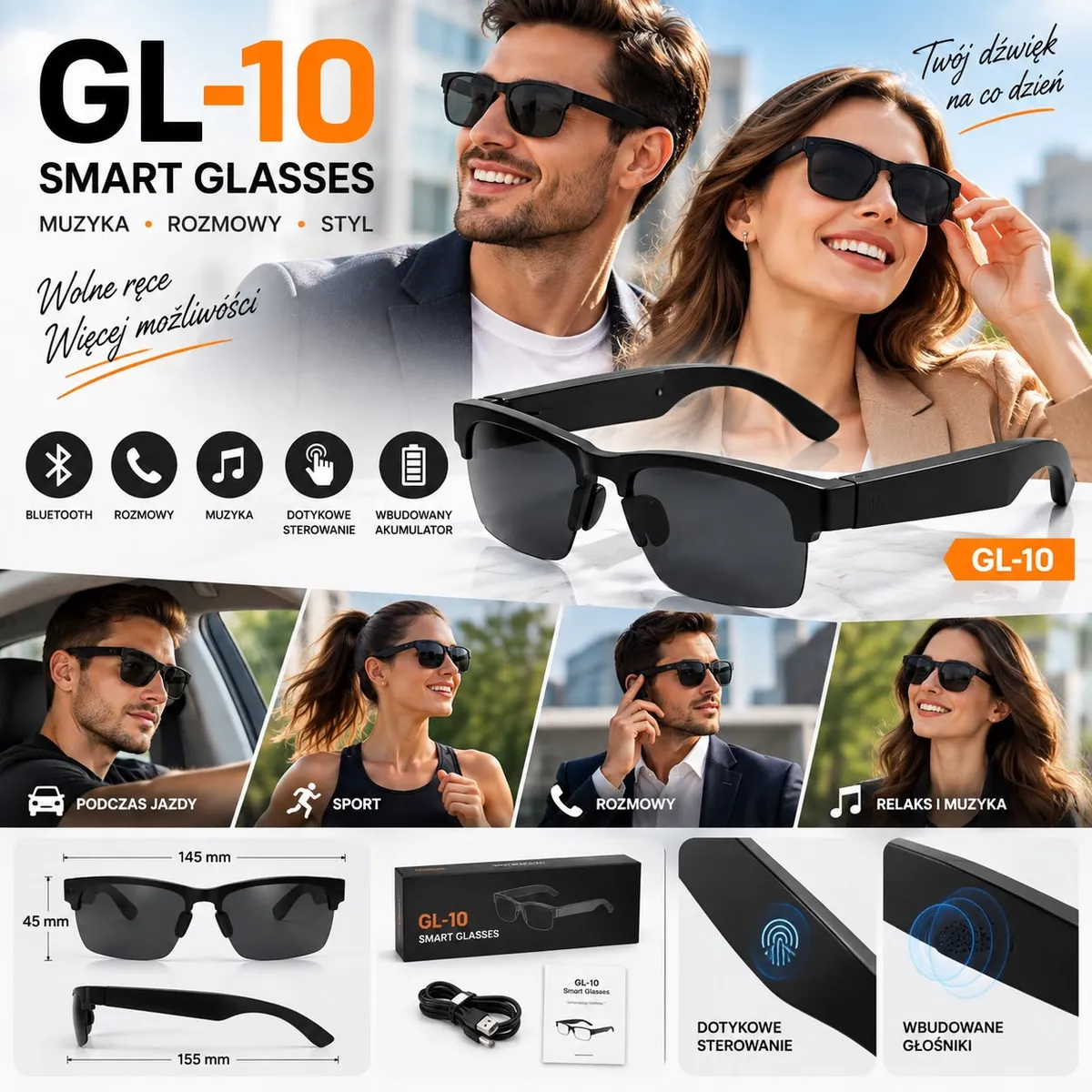 Czarne inteligentne okulary Bluetooth GL-10 z dotykowym sterowaniem i wbudowanymi głośnikami
