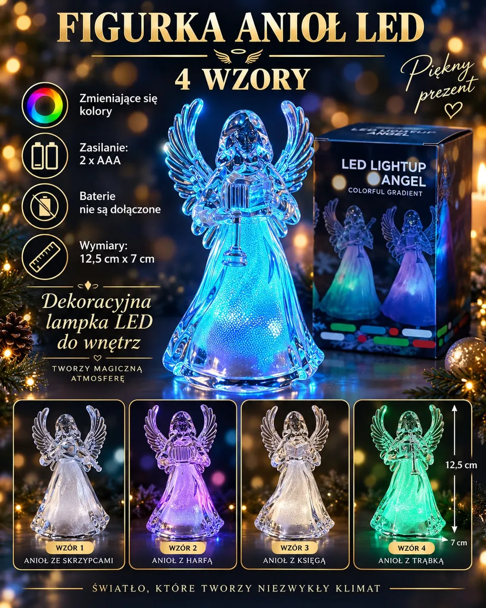Przezroczysta figurka anioła LED zmieniająca kolory, 4 wzory, wysokość 12,5 cm, szerokość 7 cm