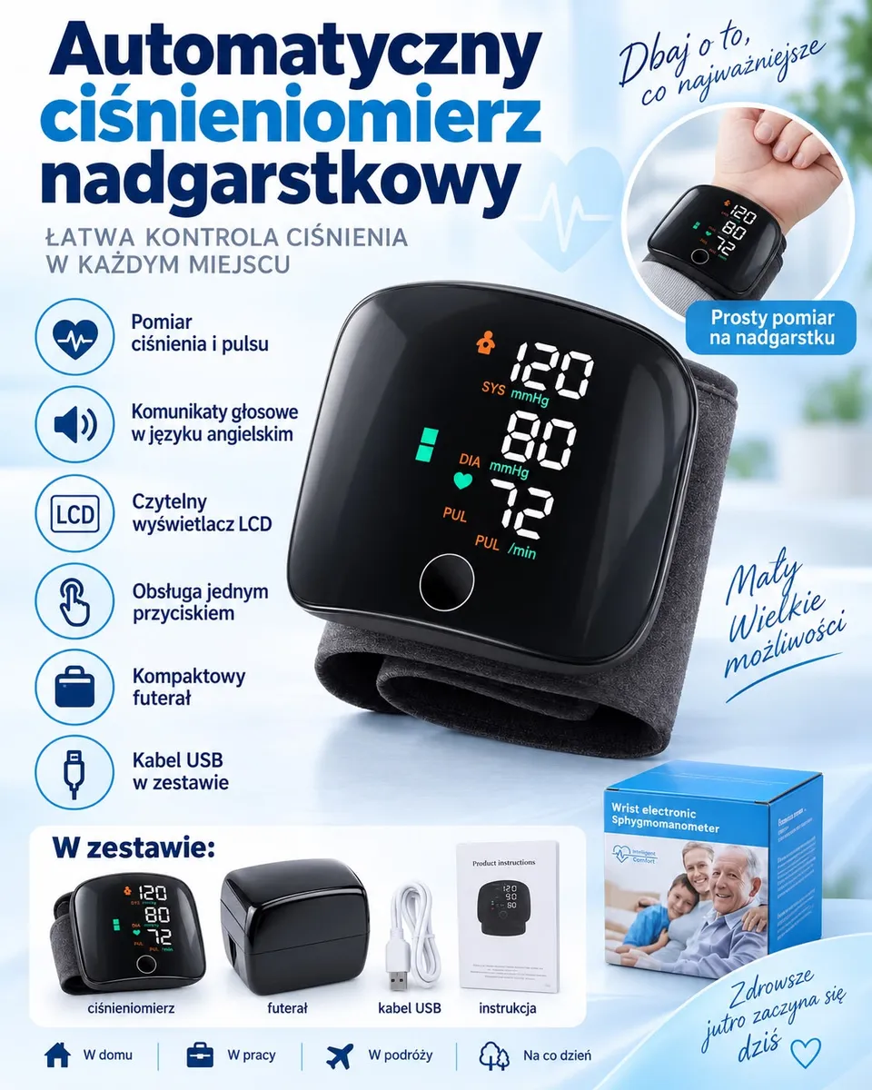 Czarny automatyczny ciśnieniomierz nadgarstkowy z kolorowym wyświetlaczem LCD i zestawem akcesoriów