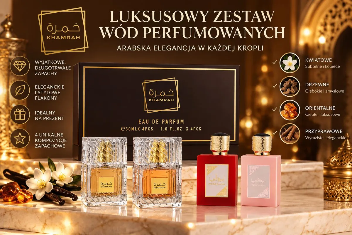 Zestaw czterech flakonów perfum Khamrah w eleganckim czarnym opakowaniu z złotymi detalami