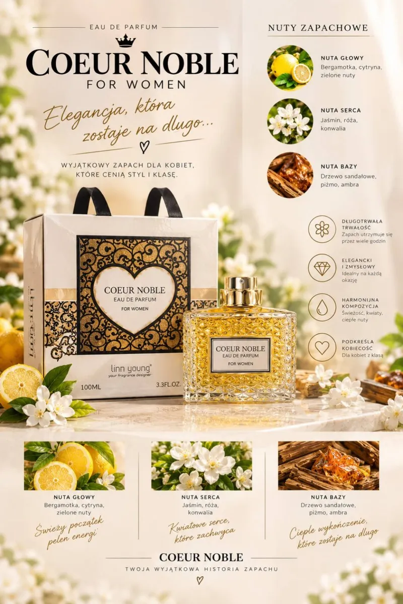 Butelka perfum Coeur Noble 100ml z ozdobnym pudełkiem i nutami zapachowymi