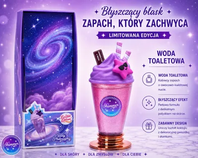 Woda toaletowa Yum Yum 200ml w opakowaniu przypominającym różowy koktajl z gwiazdką i słomką na tle galaktyki