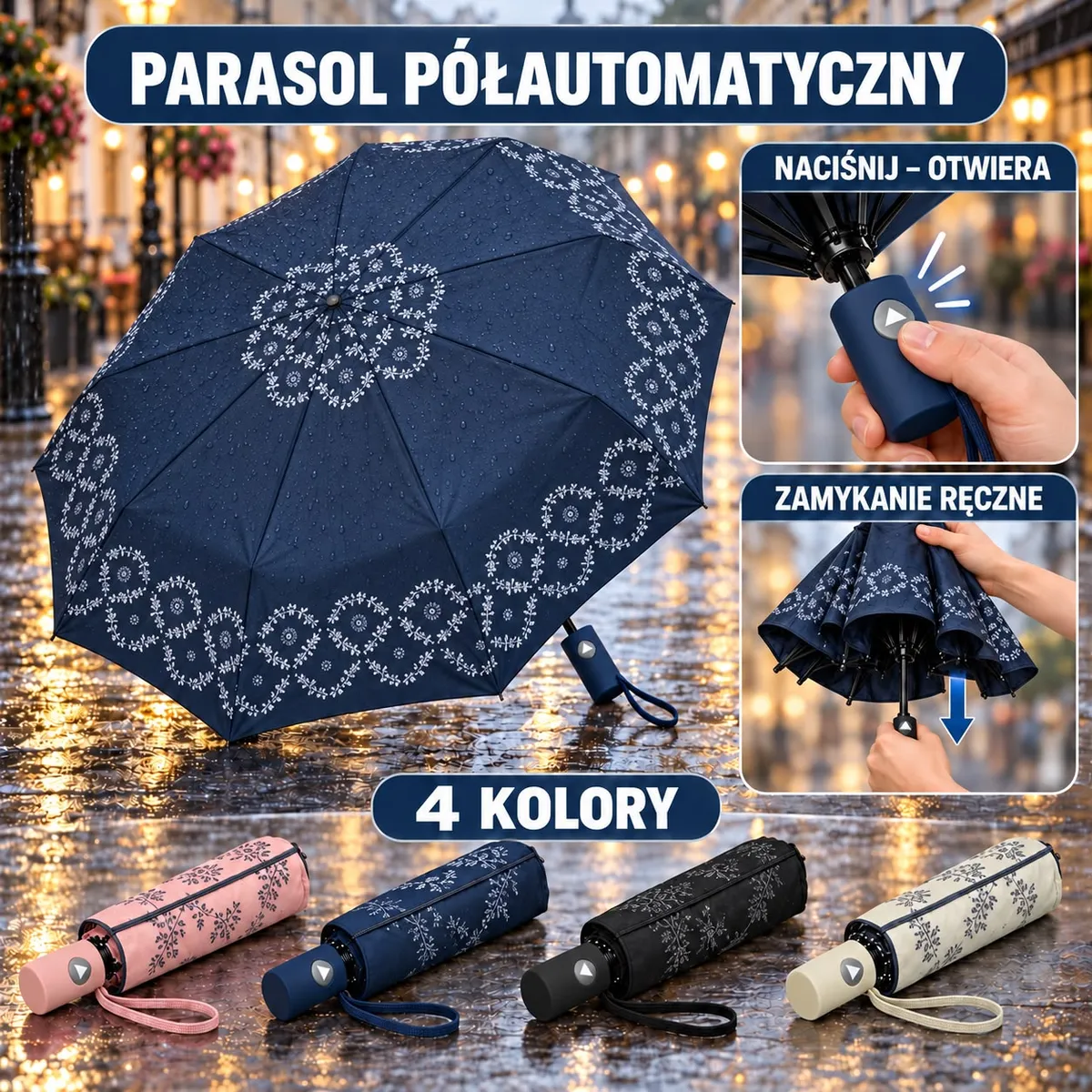Granatowy składany parasol z białym wzorem listków i przyciskiem do otwierania, 4 kolory parasoli na mokrej ulicy
