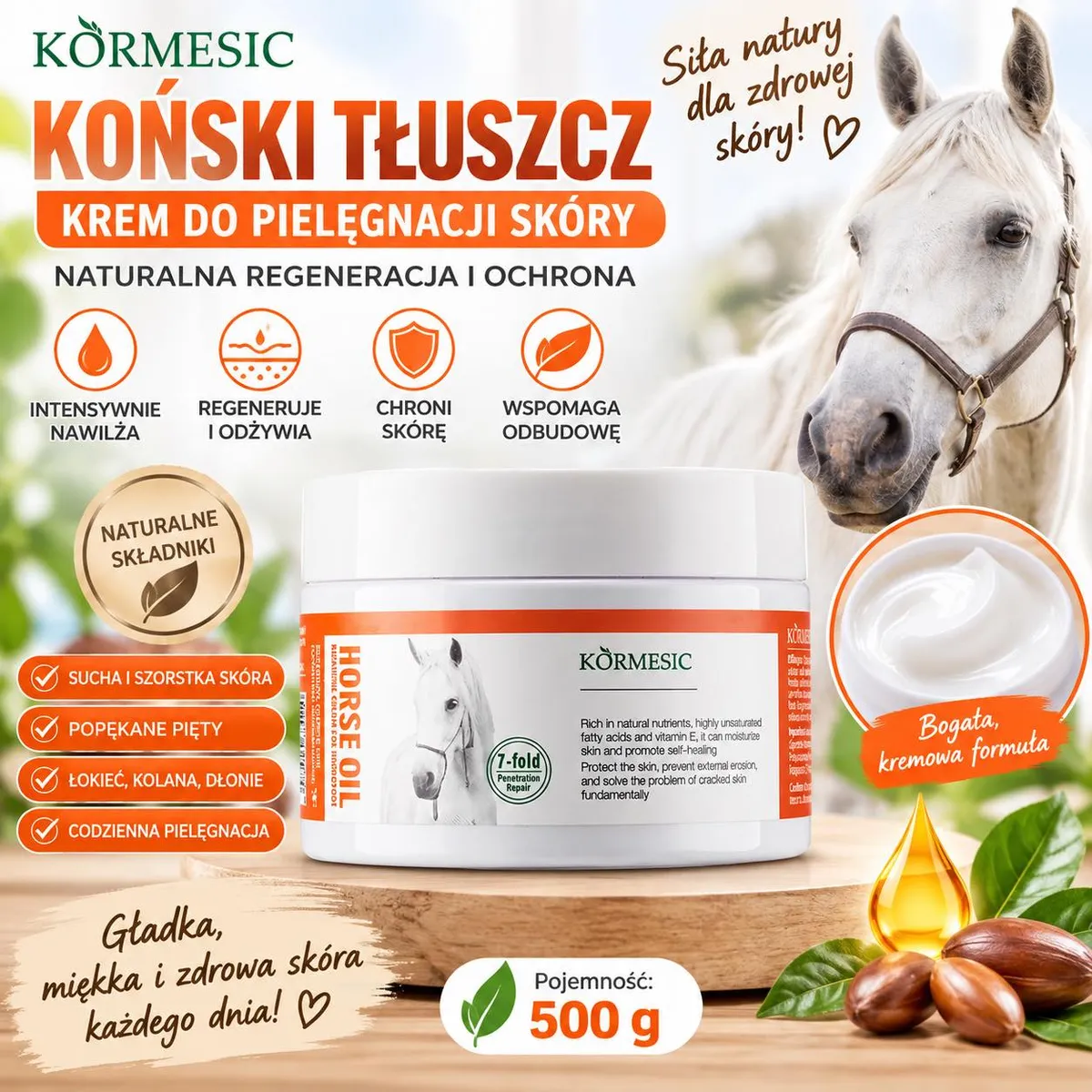 Biały słoik kremu KORMESIC Koński Tłuszcz 500 g z etykietą i grafiką konia