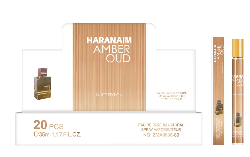 Perfumy Haranaim Amber Oud White Edition 35ml w złocisto-brązowym flakonie i opakowaniu