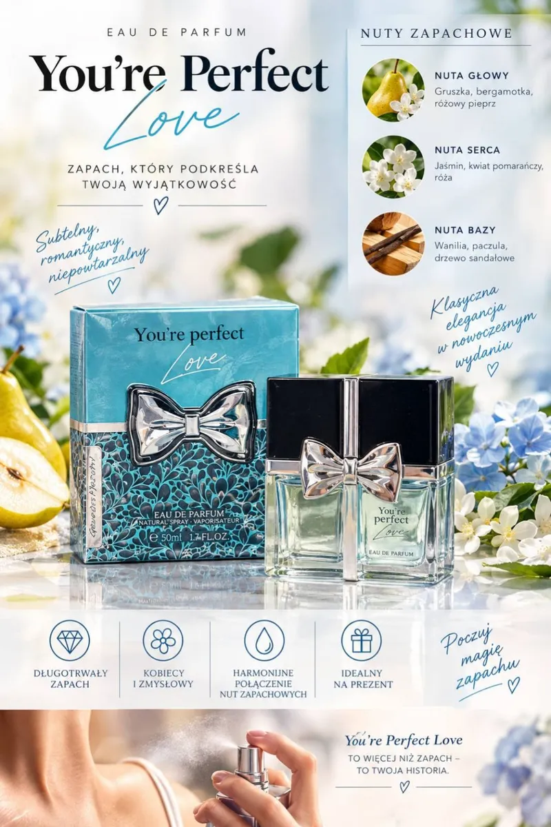 Flakon perfum You're Perfect Love 50 ml z czarną nakrętką i srebrną kokardką oraz niebiesko-turkusowe opakowanie z motywem ro