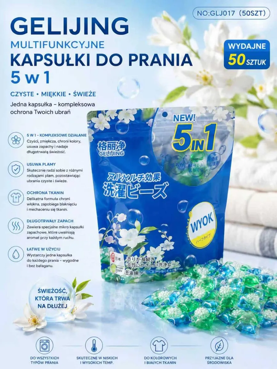 Opakowanie kapsułek do prania GELIJING 5w1 z 50 sztukami, niebiesko-zielone kapsułki na tle kwiatów