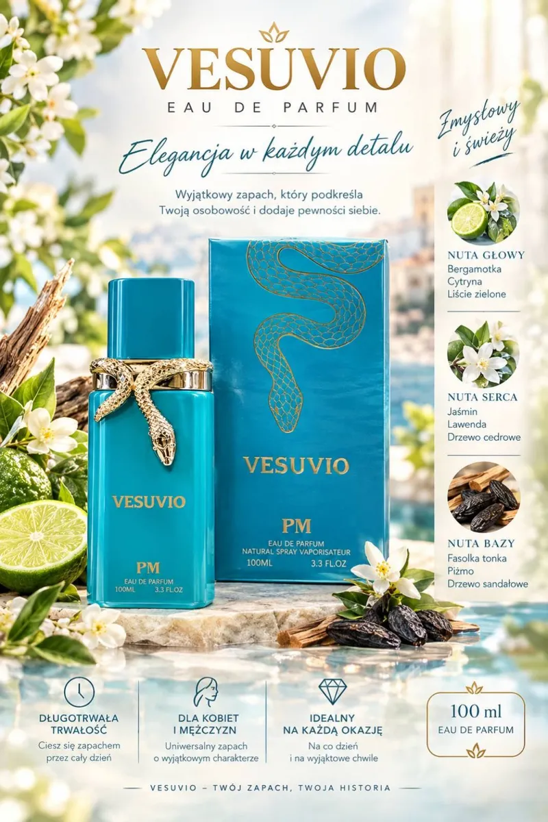 Turkusowy flakon perfum Vesuvio PM 100ml z złotym wężem obok pudełka na marmurowym blacie z cytrynami i kwiatami