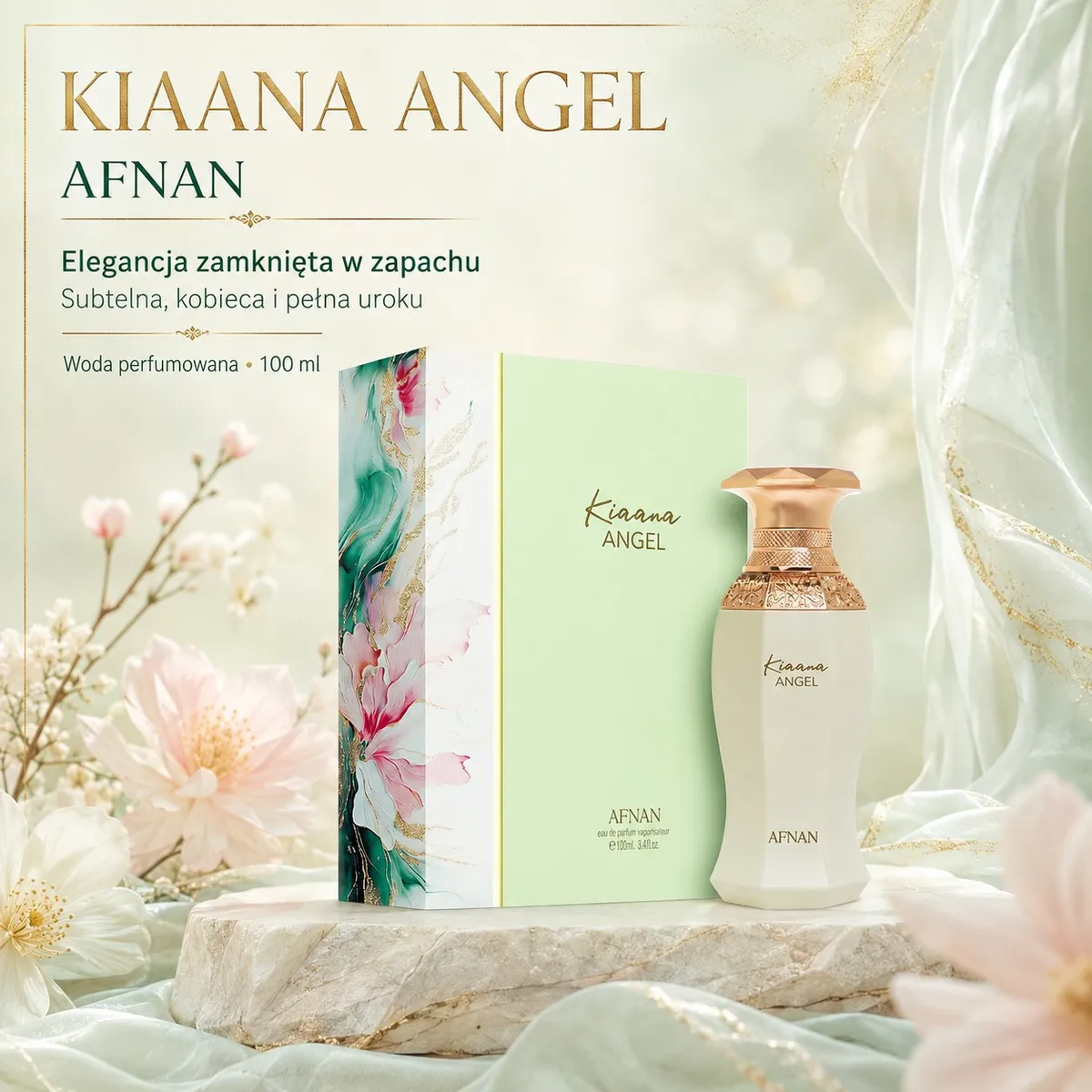 Butelka perfum Kiaana Angel z mlecznego szkła i złotym korkiem obok pastelowo zielonego pudełka z kwiatowym motywem