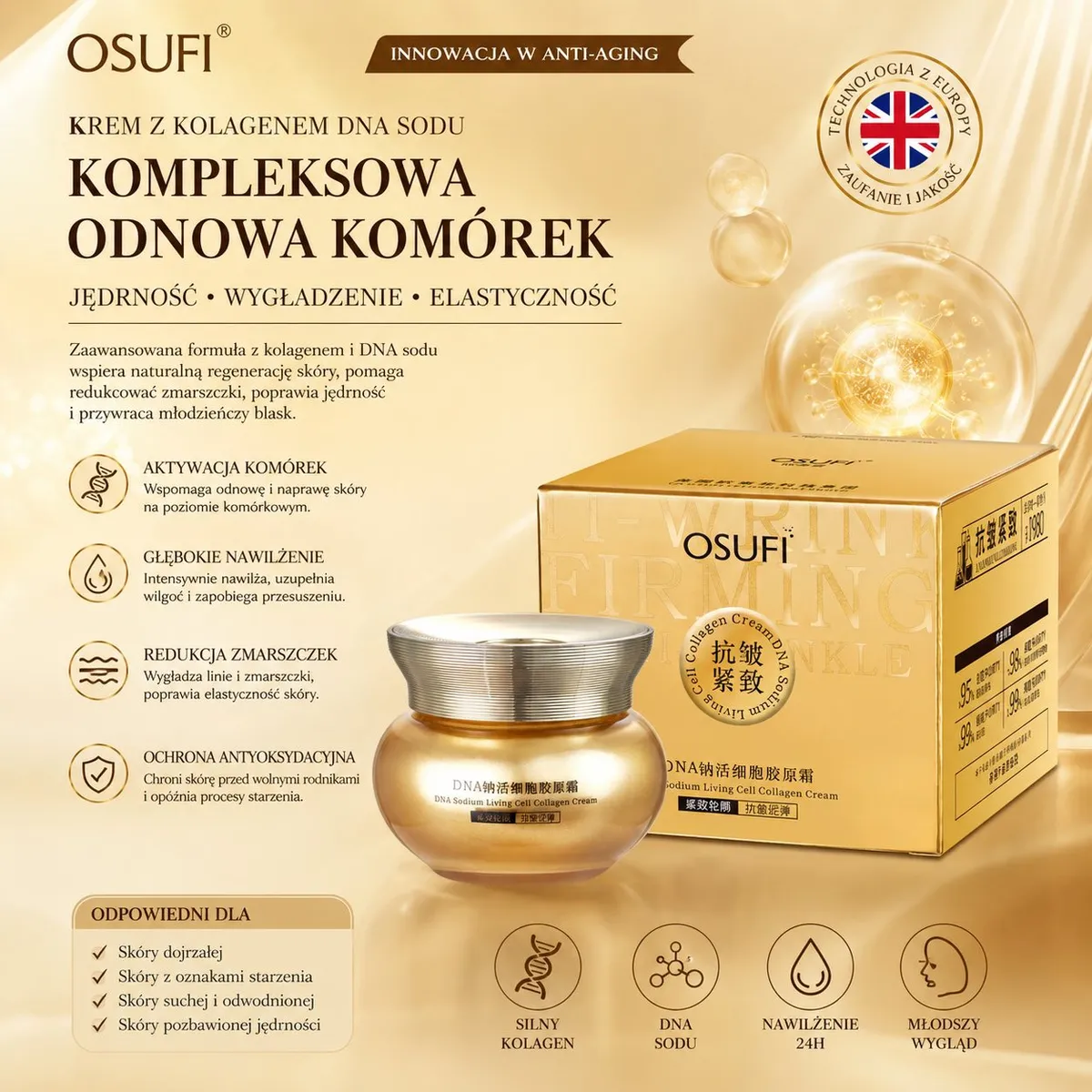 Złoty słoiczek kremu OSUFI DNA Sodium Collagen Cream z kartonowym opakowaniem w złotym kolorze