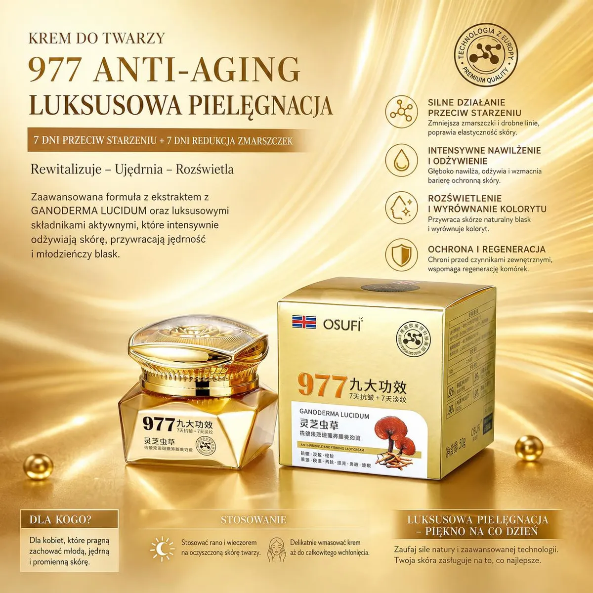 Złocisty krem do twarzy OSUFI 977 Anti-Aging w eleganckim opakowaniu z ekstraktem Ganoderma Lucidum