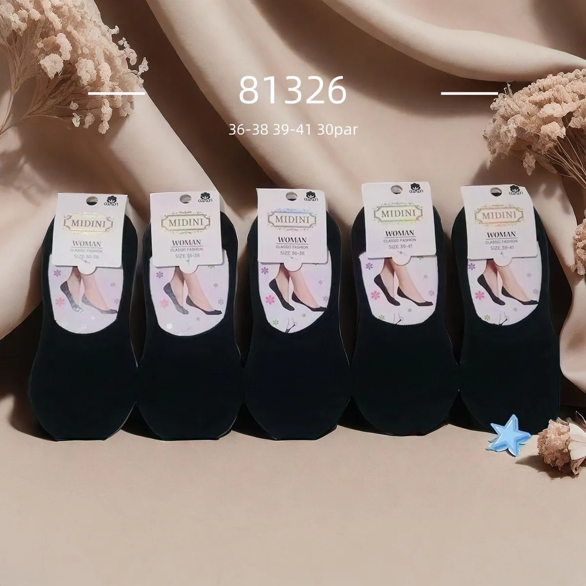 Pięć par czarnych stopek damskich Midini Classic Fashion na beżowym tle z dekoracją kwiatową