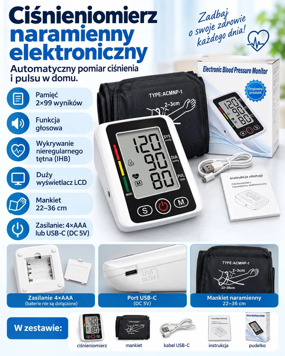 Elektroniczny ciśnieniomierz naramienny z dużym wyświetlaczem LCD, mankietem, kablem USB-C, instrukcją i pudełkiem