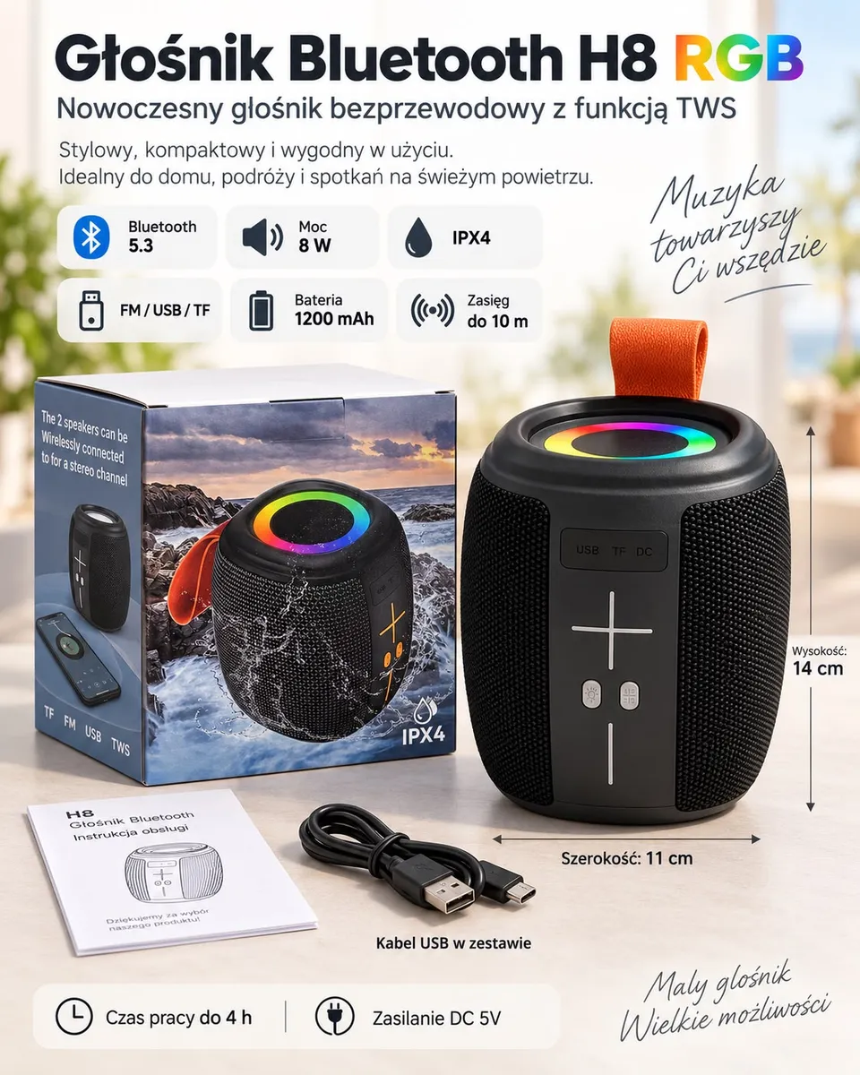 czarny głośnik Bluetooth H8 z podświetleniem RGB, kształt cylindryczny, kabel USB i instrukcja