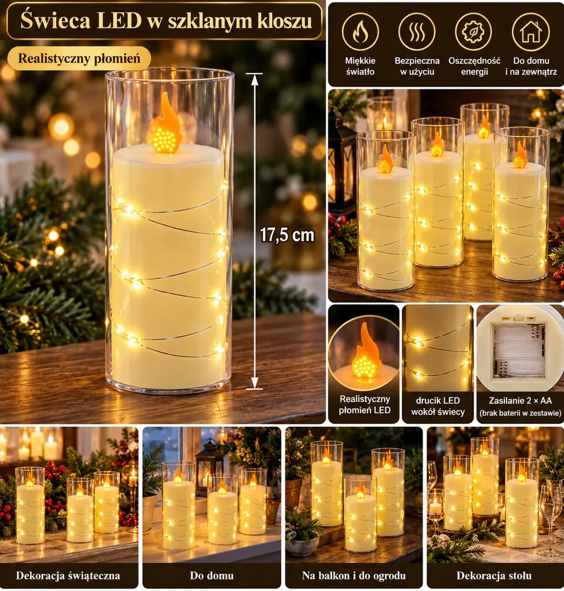 Świeca LED w szklanym kloszu 17,5 cm z realistycznym płomieniem i drucikiem świetlnym LED