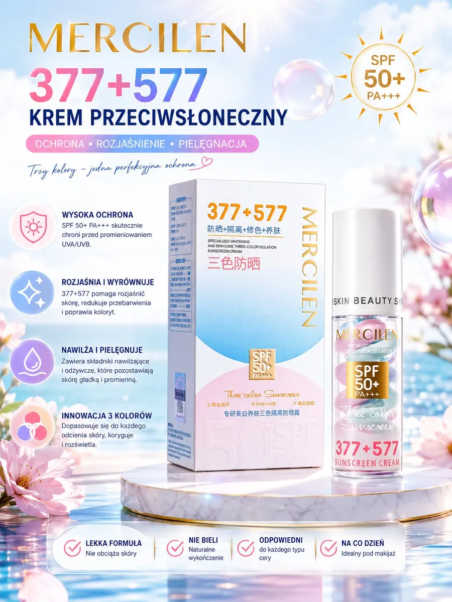 Butelka kremu przeciwsłonecznego MERCILEN 377+577 SPF 50+ PA+++ z opakowaniem na tle kwiatów i nieba