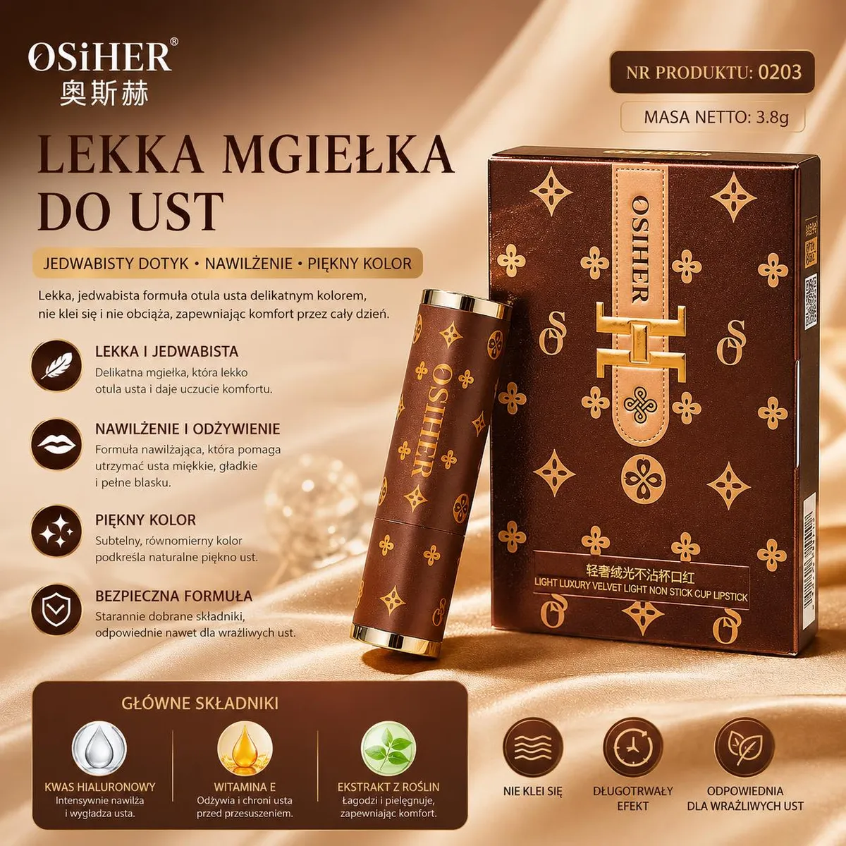 Brązowa pomadka OSiHER Velvet Mist 3,8 g z eleganckim opakowaniem i złotymi detalami