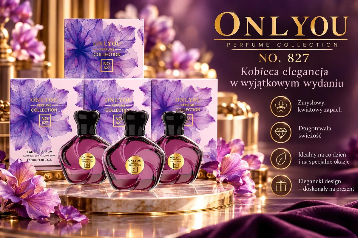 Perfumy Onlyou Collection No. 827 30ml w fioletowym flakonie z czarną nakrętką i opakowaniem z kwiatowym motywem