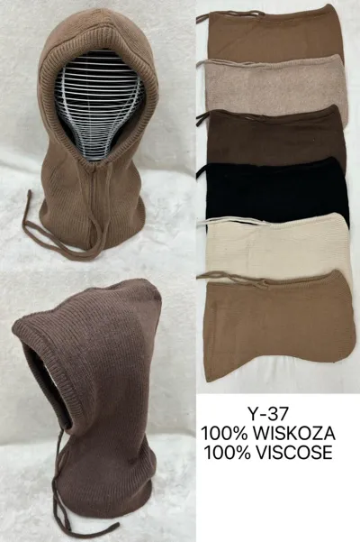 Kaptury dzianinowe Y-37 w kolorach beżowym, brązowym, czarnym i kremowym, wykonane z wiskozy