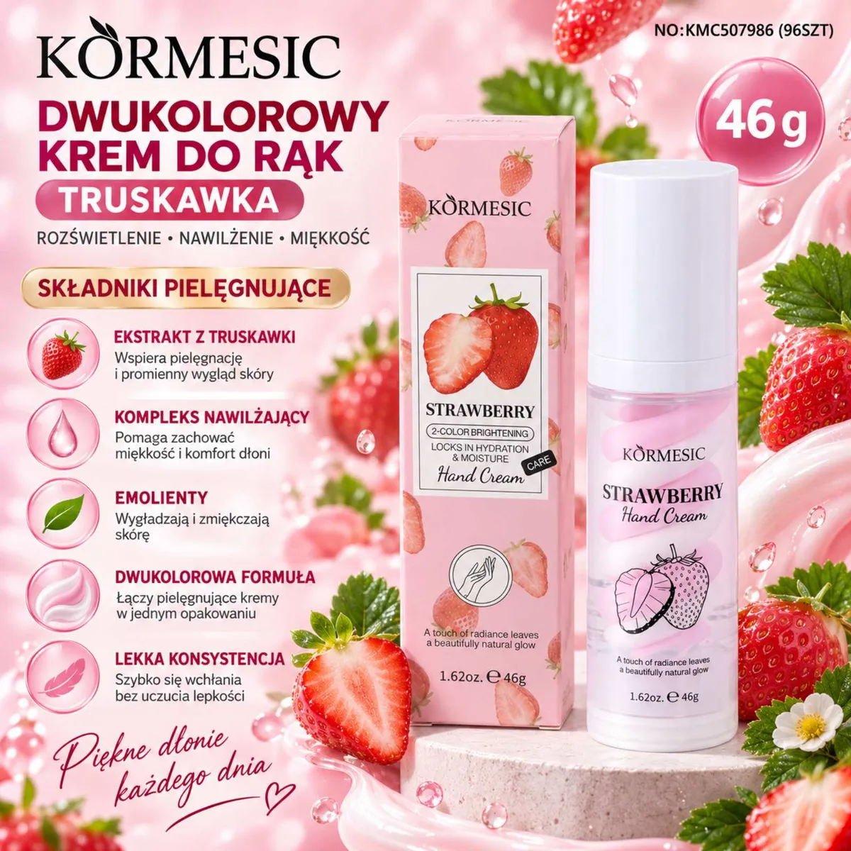 Dwukolorowy krem do rąk Körmesic Truskawka 46g z opakowaniem i grafiką truskawek