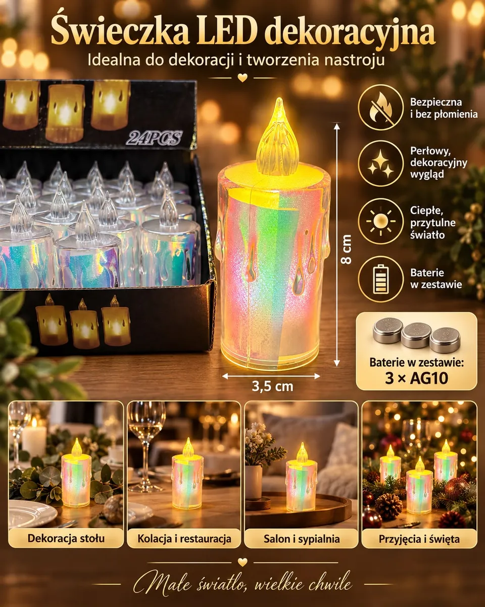 Perłowa świeczka LED 8 cm z imitacją topniejącego wosku i płomieniem LED, opakowanie 24 sztuki