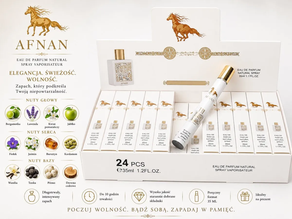Zestaw 24 sztuk perfum Afnan natural spray 35 ml w białych opakowaniach ze złotym logo konia