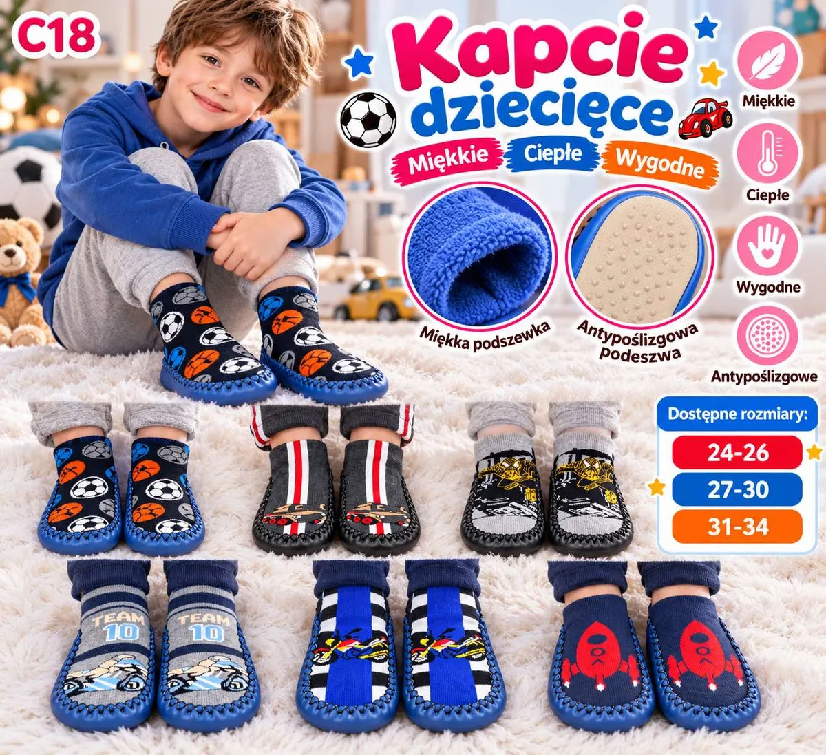 dziecko w niebieskich kapciach z piłkami nożnymi, różne wzory kapci dziecięcych na dywanie
