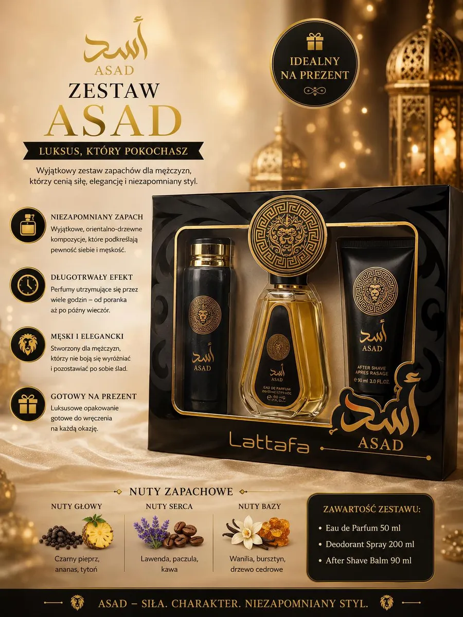 Zestaw zapachowy ASAD Lattafa w czarno-złotym opakowaniu z perfumami, dezodorantem i balsamem po goleniu