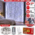 Kurtyna świetlna LED 200 LED 3x2 m z pilotem i USB biała zimna
