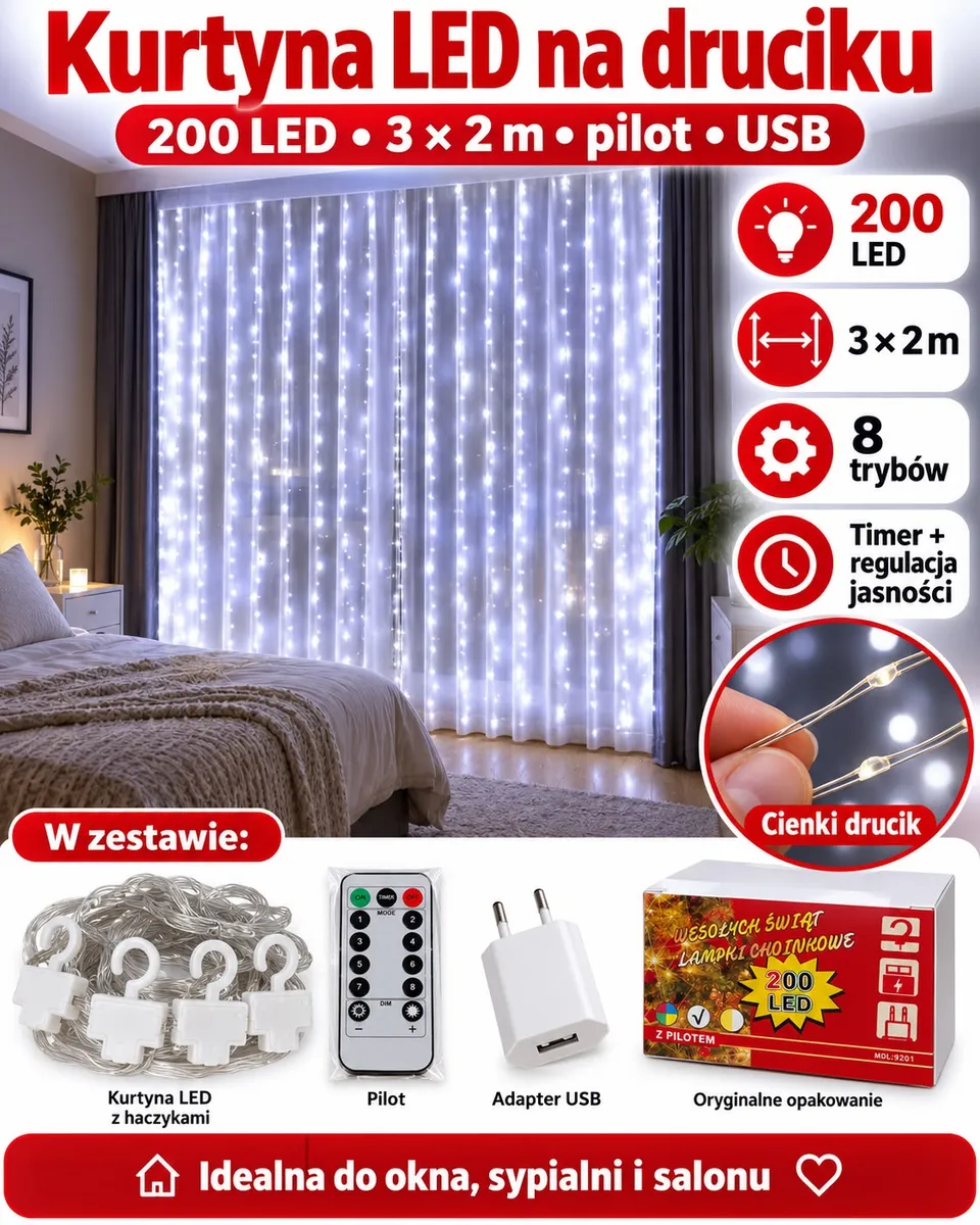 Kurtyna świetlna LED 200 diod na cienkim druciku, pilot, adapter USB, oryginalne opakowanie