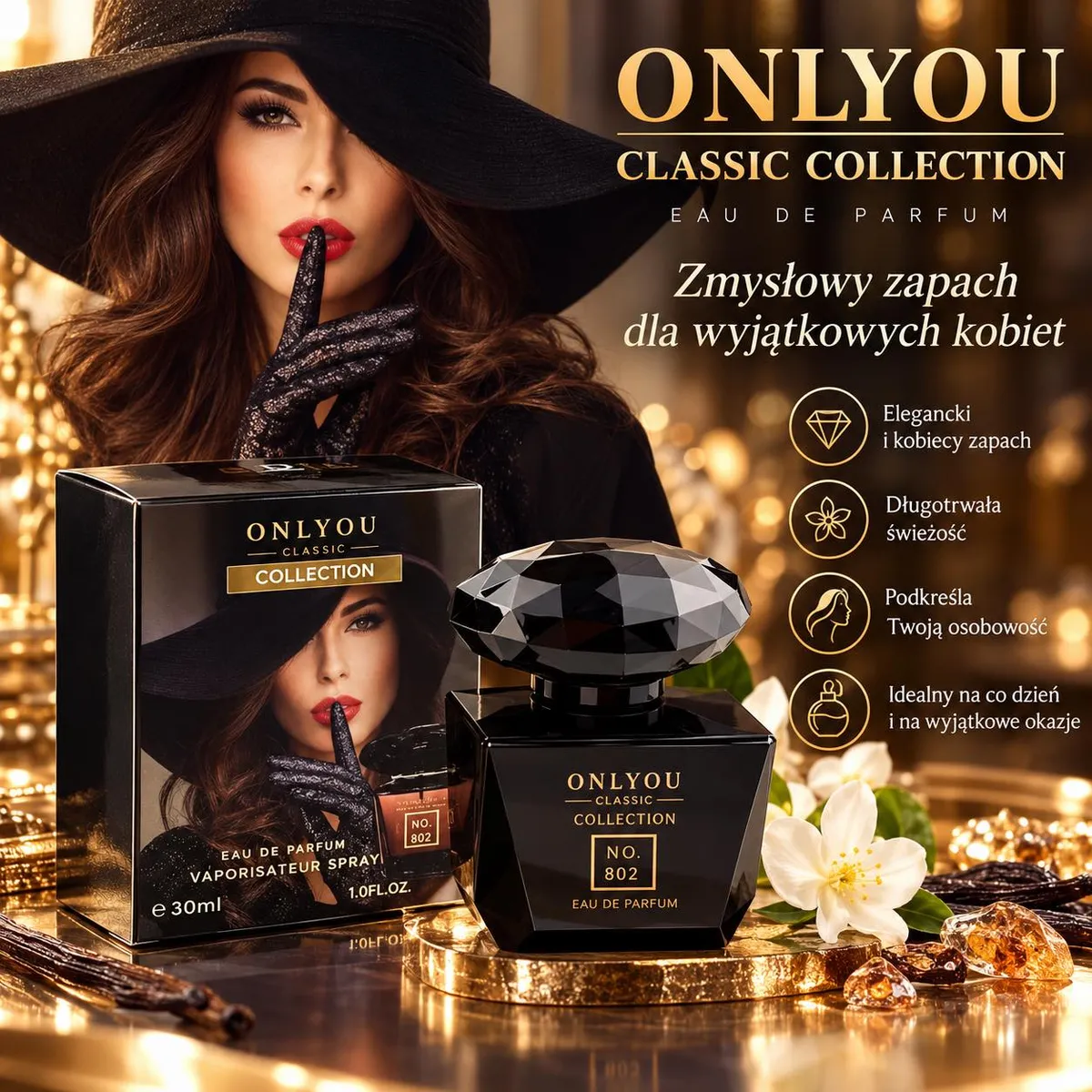 Czarny flakon perfum Onlyou Classic Collection No. 802 30ml z kartonikiem i kwiatami