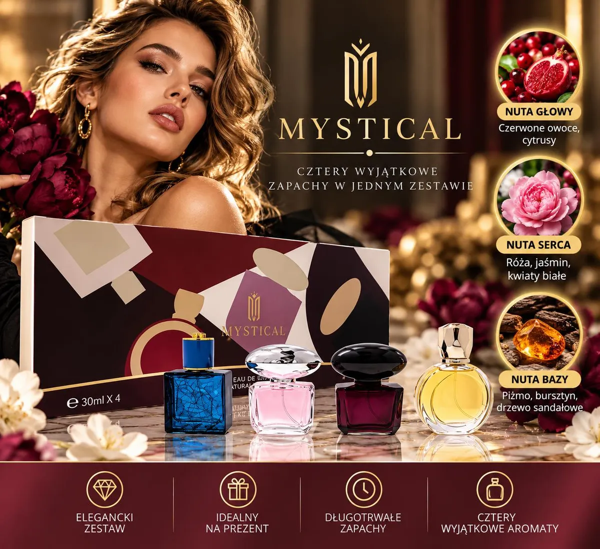 Zestaw czterech perfum Mystical w różnych kolorach i kształtach z eleganckim opakowaniem