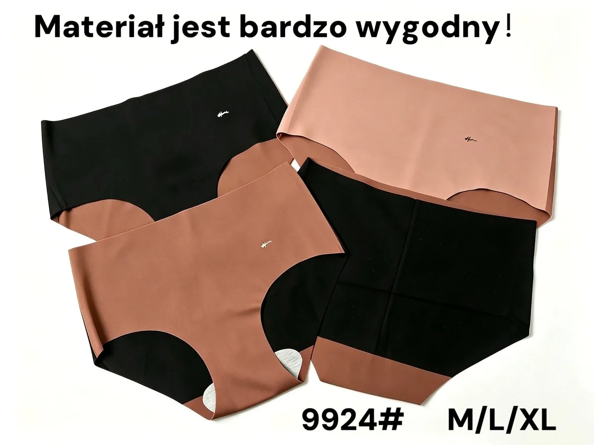 Czarny i beżowy komplet bezszwowych majtek damskich w rozmiarach M, L, XL na białym tle