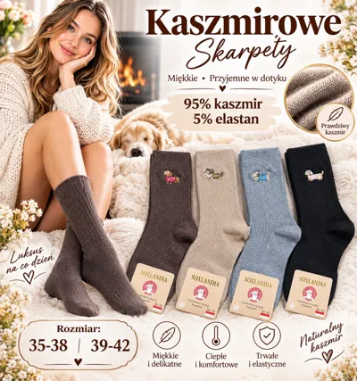 cztery pary skarpet kaszmirowych w kolorach brązowym, beżowym, szarym i czarnym z etykietami SOLANDIA