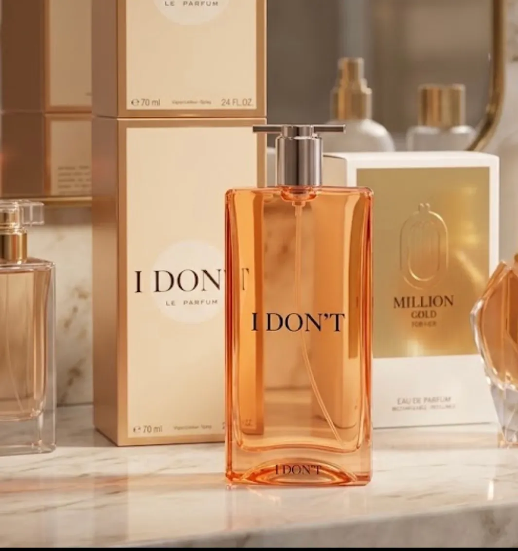 Perfumy I Don't w bursztynowym flakonie 70 ml na tle kremowych opakowań